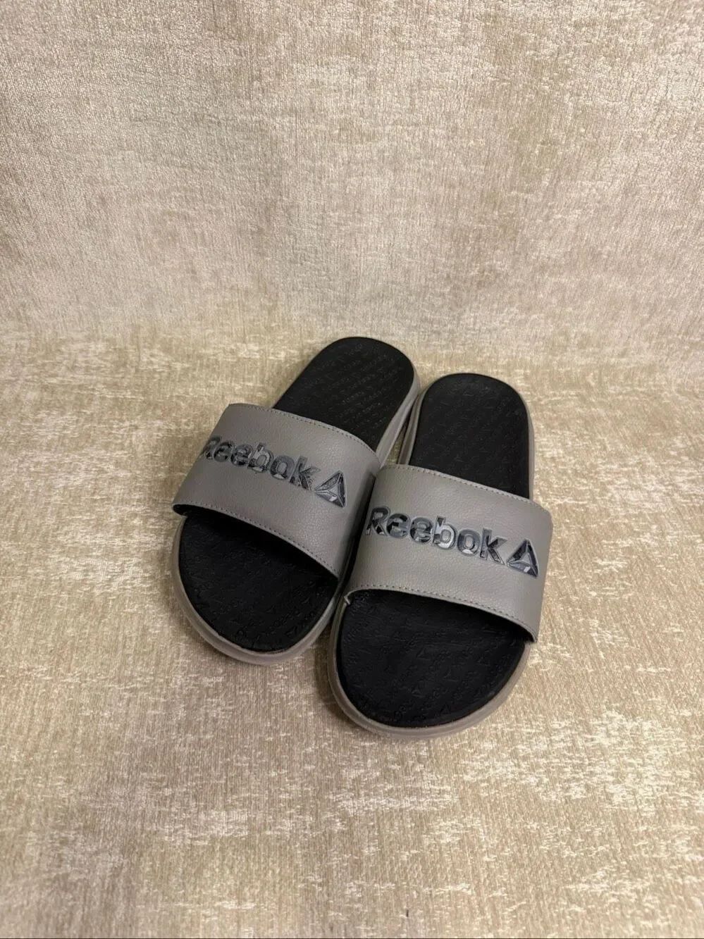 Reebok Men's Slip-On Camo Logo Comfort Classic Slide Sandals Grey Black Size 9